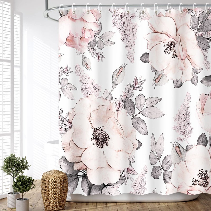 LIVILAN Pink Gray Flower Shower Curtain, Watercolor Floral Shower Curtains with Hooks White Grey Fabric Blossom Bathroom Decor Machine Washable, 72" W x 72" H - Image 3